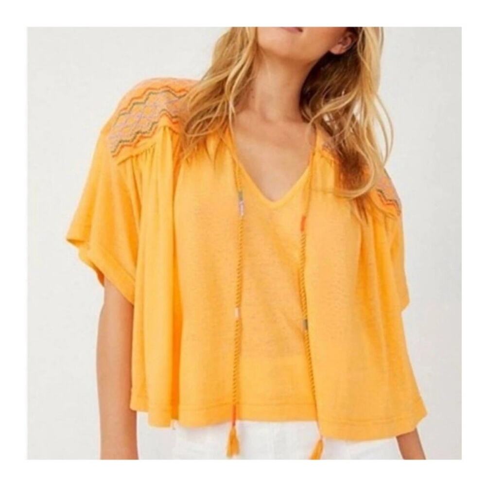 Free People Market Embroidery Tassel Tie Casual Boho Folk Boxy Orange Top Large
